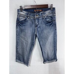 Vintage Mudd Juniors Size 5 Blue Denim Bermuda Shorts Capri Y2K Distressed